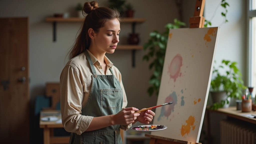 Artiste peintre devant une toile, palette à la main, moment de création intense