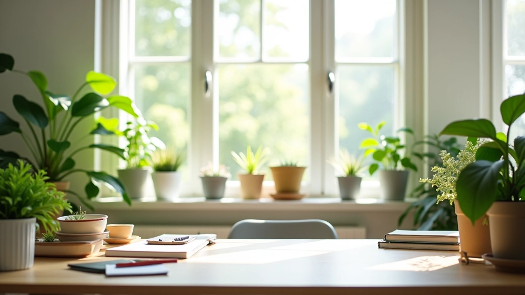 Espace de travail lumineux avec fenêtres, plantes vertes et matériel créatif organisé, atmosphère inspirante