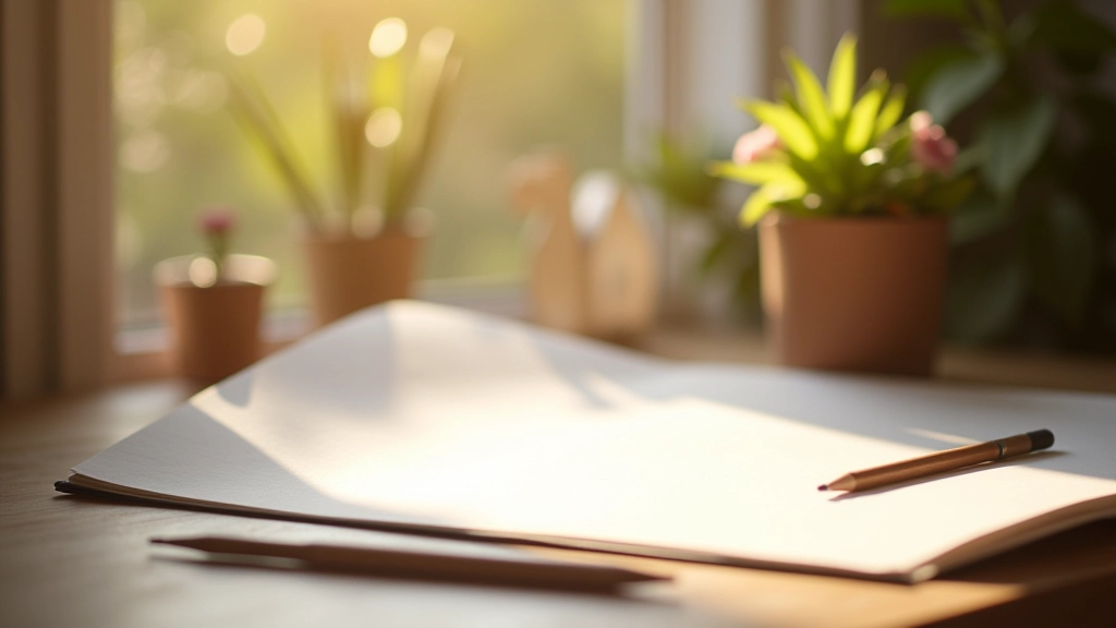 Espace de travail créatif avec lumière naturelle, carnets de croquis, et une ambiance calme et organisée