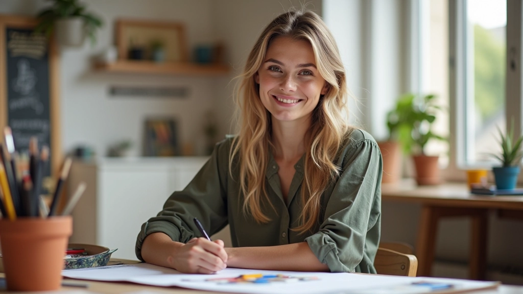 Femme créative travaillant à son bureau avec des outils artistiques