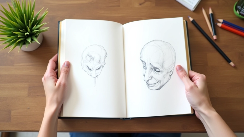 Mains tenant un carnet de notes ouvert avec des dessins d'idées créatives, table en bois naturel avec crayons et cahier