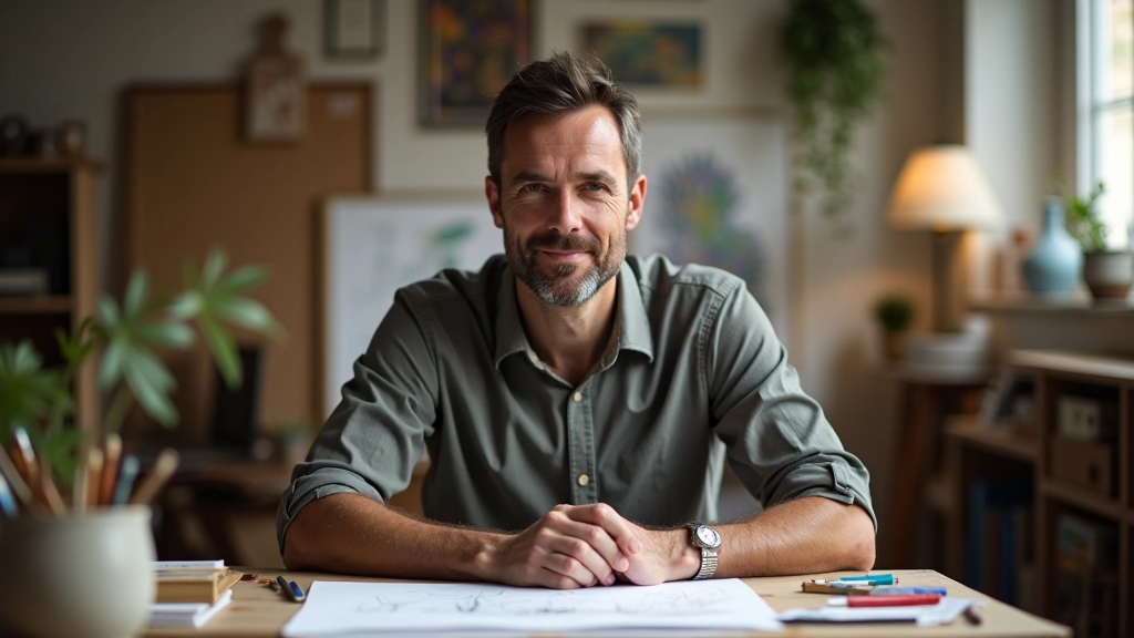 Homme en réflexion profonde dans environnement de travail créatif