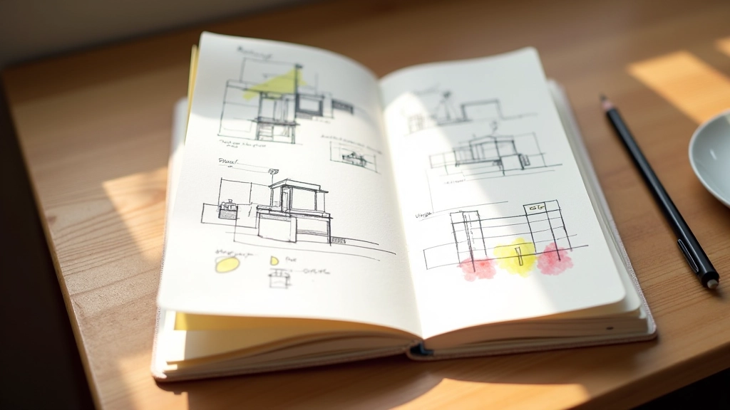 Cahier de notes ouvert avec croquis, schémas de projet et annotations colorées sur table de travail