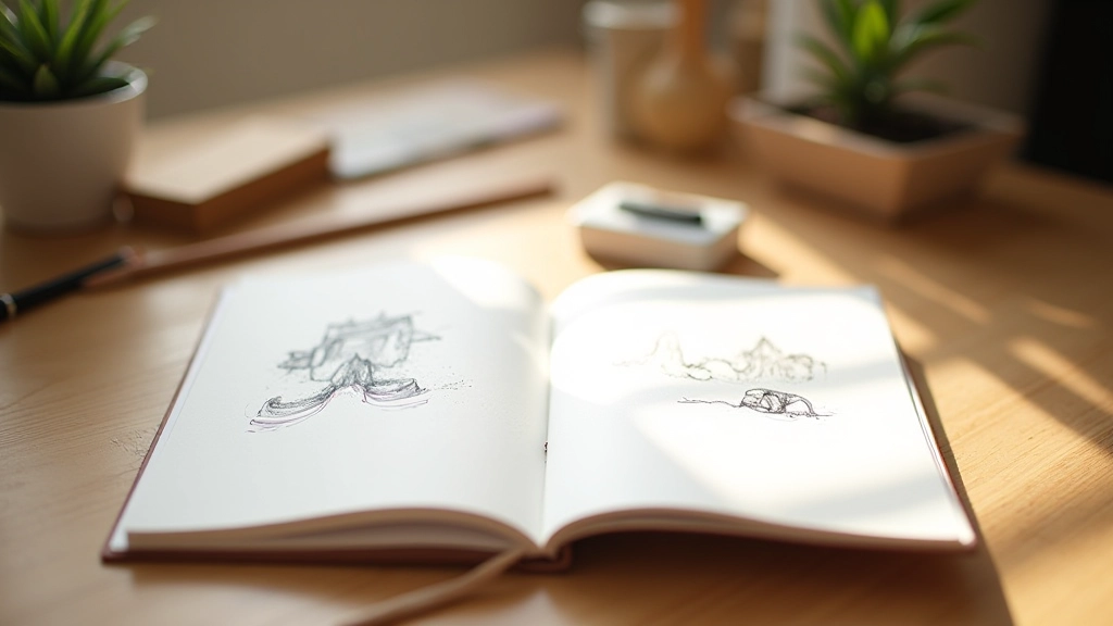 Carnet ouvert avec des croquis et notes manuscrites sur une table en bois
