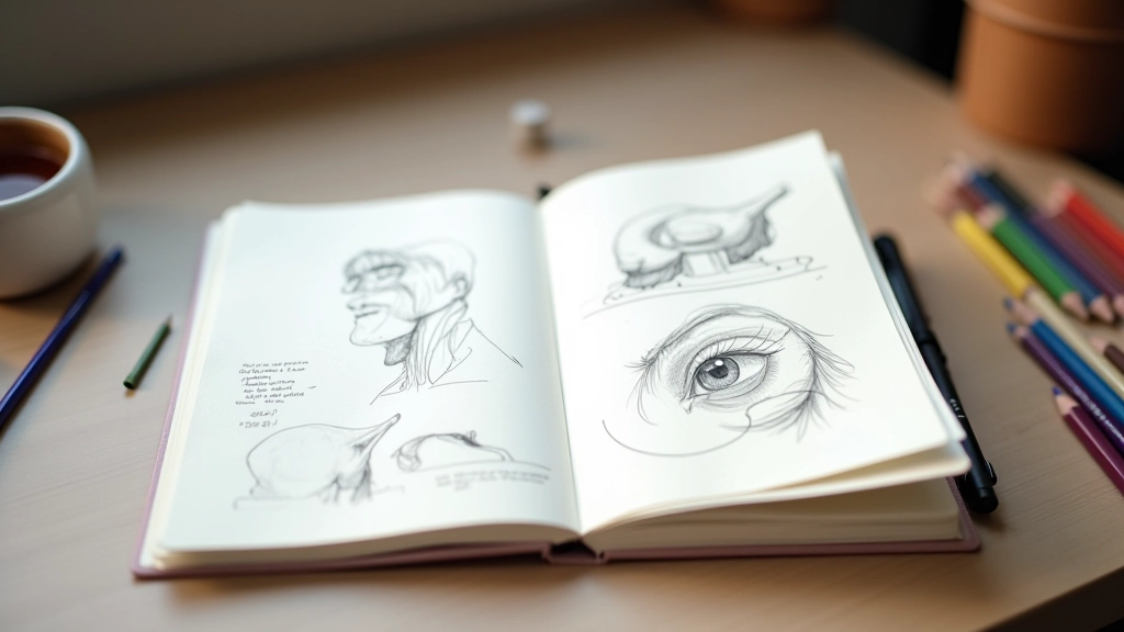 Carnet de croquis ouvert avec des esquisses détaillées et des notes manuscrites