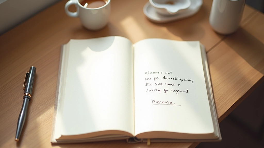 Cahier de journal ouvert avec un stylo, une tasse de thé chaud, et des notes sur la pratique quotidienne de sérénité