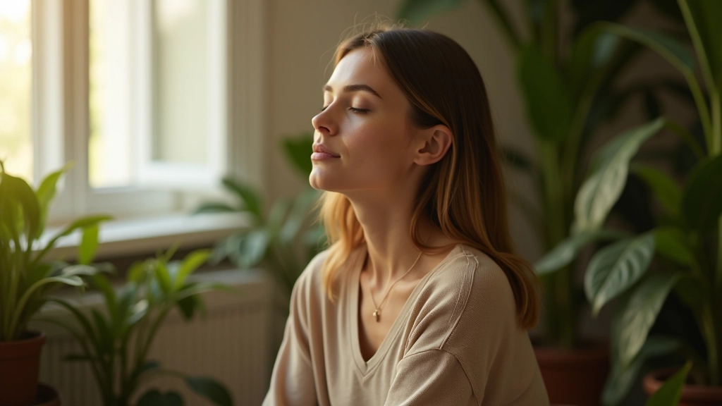 Personne méditant dans un espace créatif avec des plantes et une lumière naturelle douce
