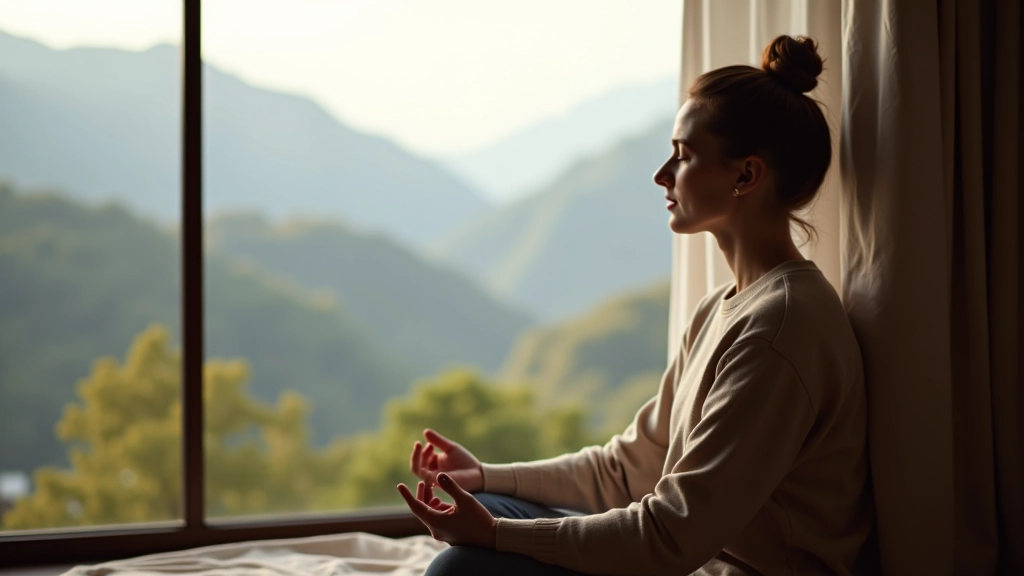 Personne méditant face à une fenêtre ouverte sur un paysage montagneux calme et serein
