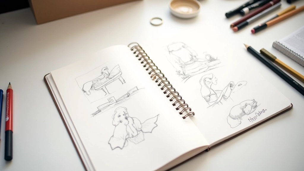 Carnet de croquis avec des dessins détaillés et des annotations manuscrites sur une table lumineuse