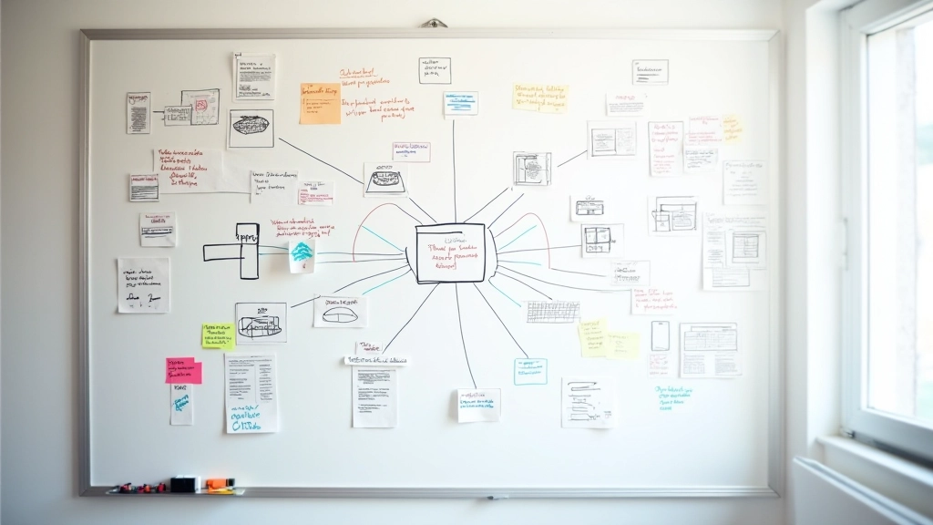 Tableau blanc rempli de diagrammes complexes, notes et croquis de projet avec couleurs variées