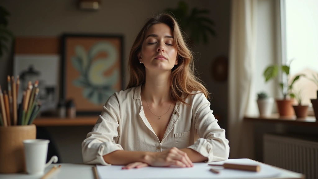 Femme dans un studio créatif, les yeux fermés, en train de visualiser mentalement son projet