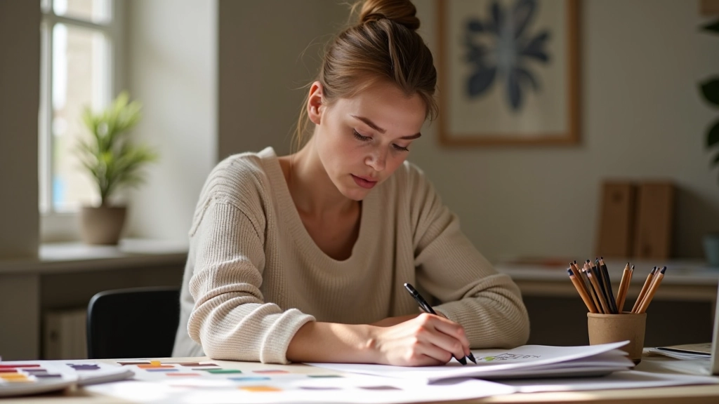 Femme créative assise à son bureau avec croquis et palette de couleurs, environnement d'atelier inspirant et lumineux